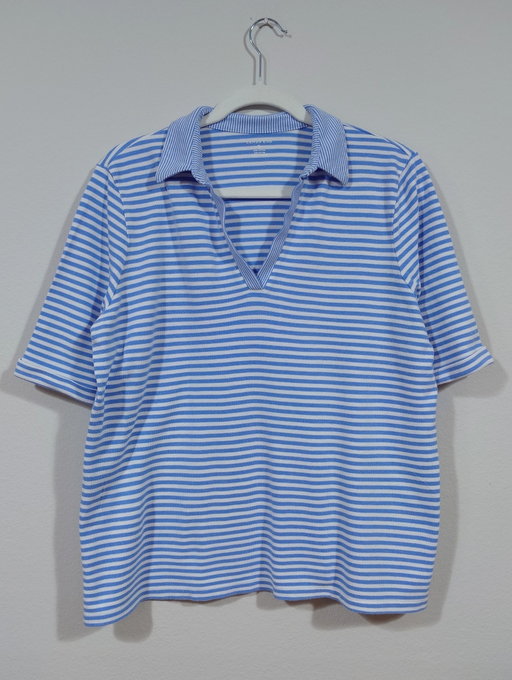 Lands End Womens Polo Shirt XL Blue White Striped Cotton Blend Short Sleeve